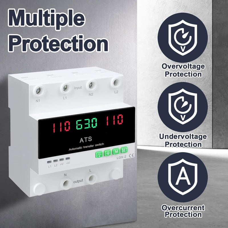 MARSTEK 63A 110V Automatic/Manual Transfer Switch, DIN Rail Mount 110V for Generator Backup Power & Gas Furnace, 50/60Hz, LED Display, CE Certified - Image 2